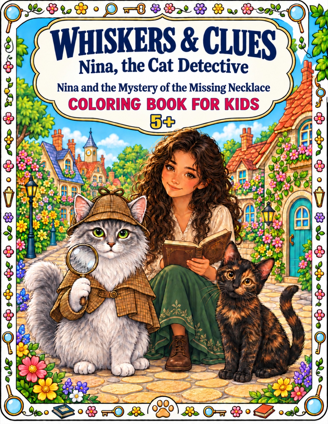 Cover of the Whiskers and Clues coloring book featuring Nina, Emily, and Paris in colorful Whiskerville